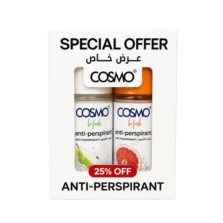 COSMO Cosmatec Be Fresh anti-perspirant duo, two 50ml spray cans in white special-offer box.