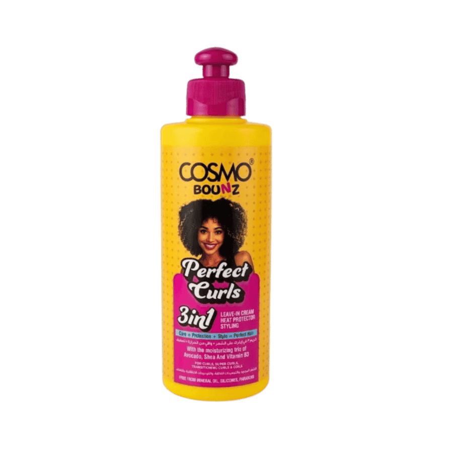 Cosmo Bounz Perfect Curls 3-in-1 leave-in cream, 250 ml yellow bottle with magenta pump.