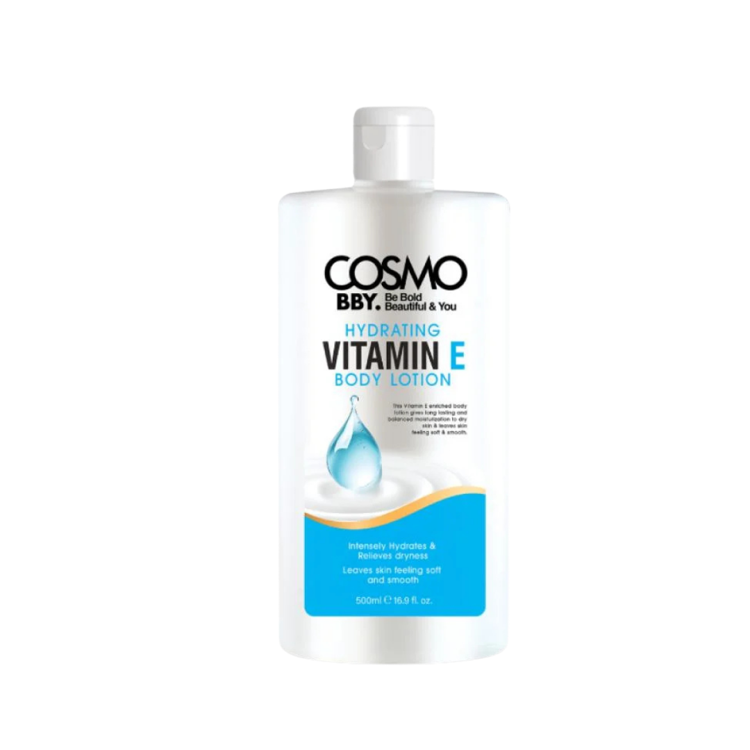 COSMO BBY Hydrating Vitamin E Body Lotion, 500ml, white flip-top bottle with blue label and water-drop graphic
