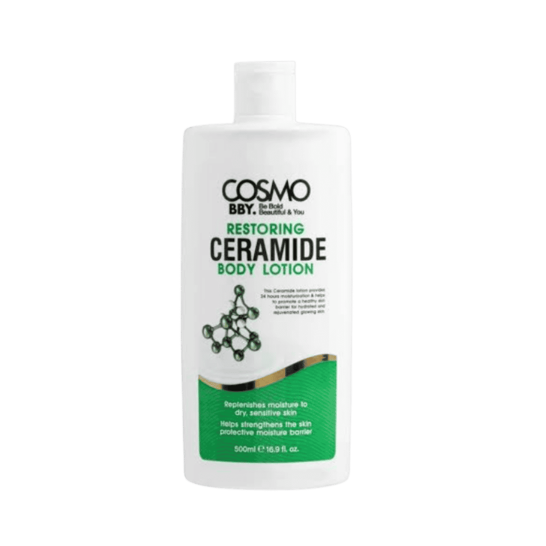 COSMO BBY Restoring Ceramide Body Lotion 500ml white bottle with green label.