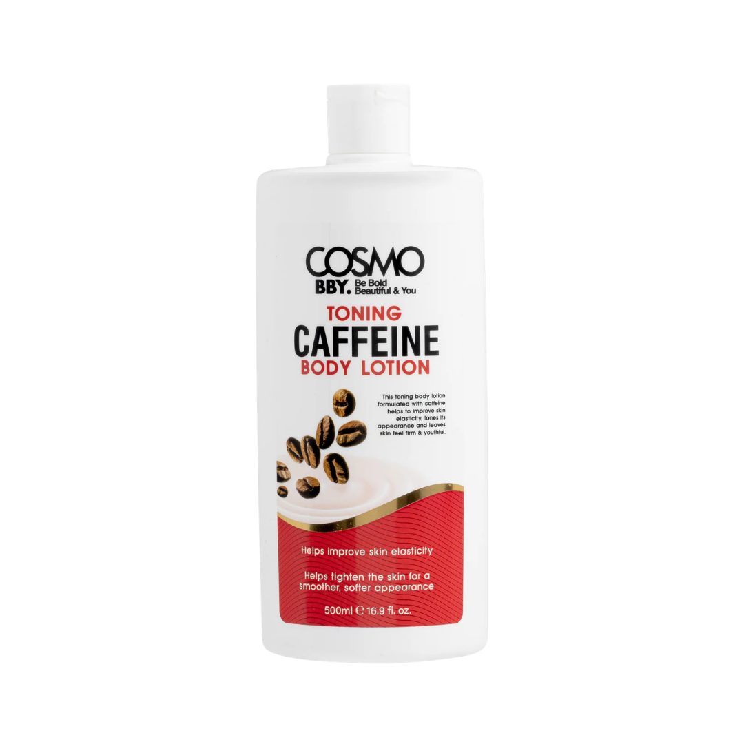 COSMO BBY Toning Caffeine Body Lotion, 500ml, white flip-top bottle with red label and coffee-bean graphic