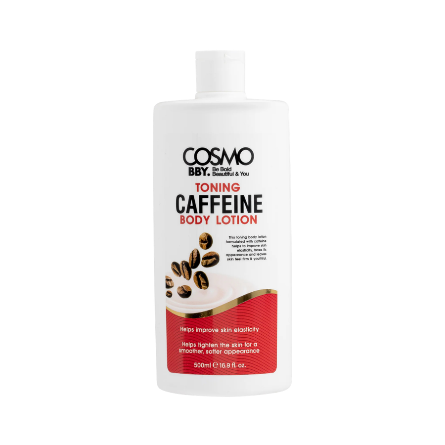 COSMO BBY Toning Caffeine Body Lotion, 500ml, white flip-top bottle with red label and coffee-bean graphic