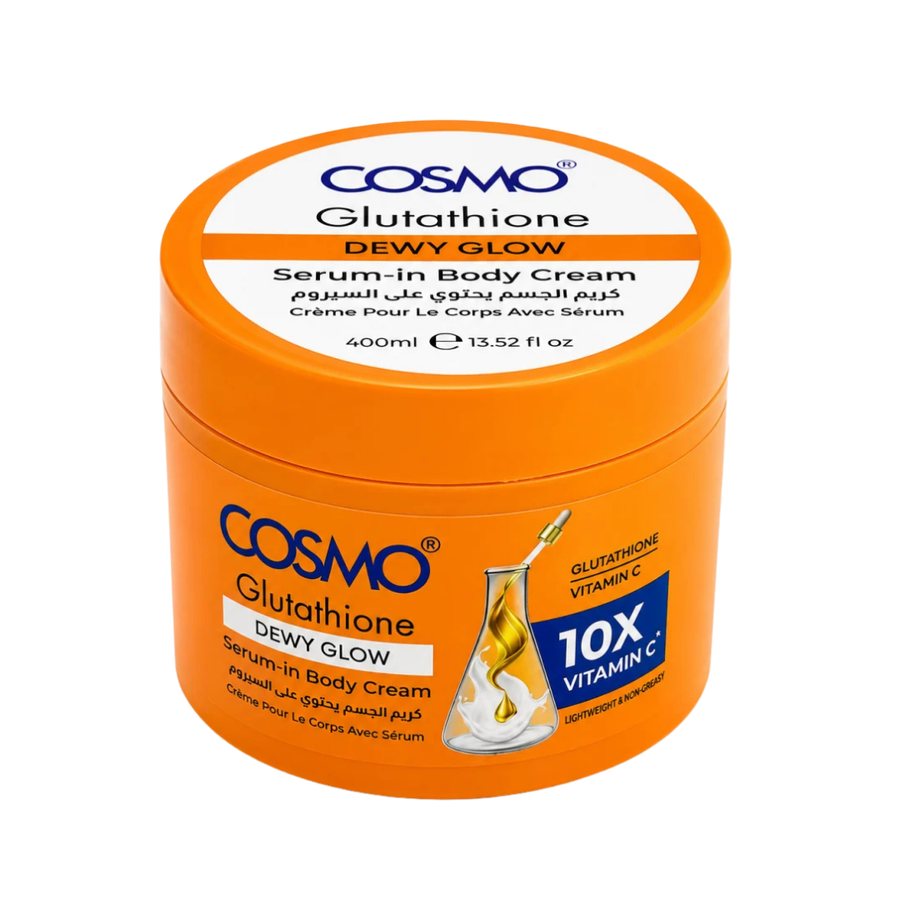 COSMO Glutathione Dewy Glow Serum-in Body Cream, 400ml, orange round jar with matching screw-top lid
