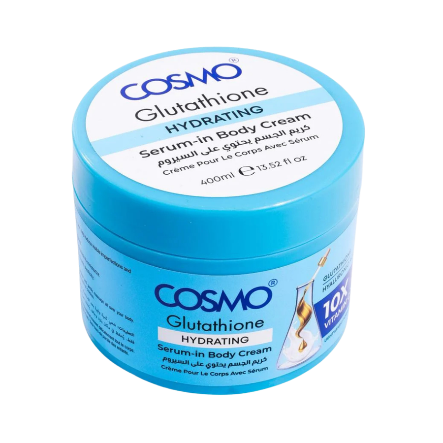 COSMO Glutathione Hydrating Serum-in Body Cream, 400ml, blue round jar with matching screw-top li