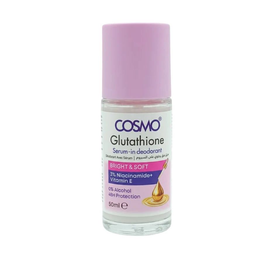 COSMO Glutathione Bright & Soft serum deodorant, 50ml, clear roll-on bottle with lavender cap and white label