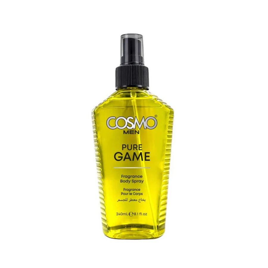 COSMO Pure Game men’s fragrance body spray, 240ml, transparent yellow-green bottle with black pump and cap