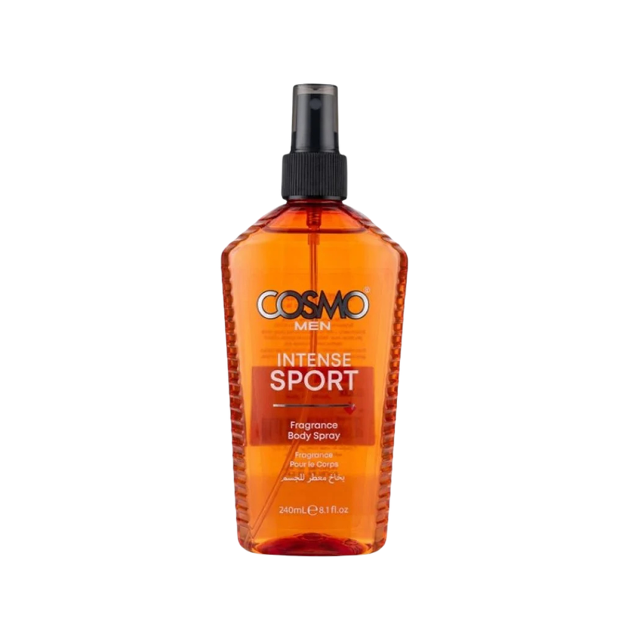 COSMO Men Intense Sport fragrance body spray, 240ml, transparent orange bottle with black pump and cap