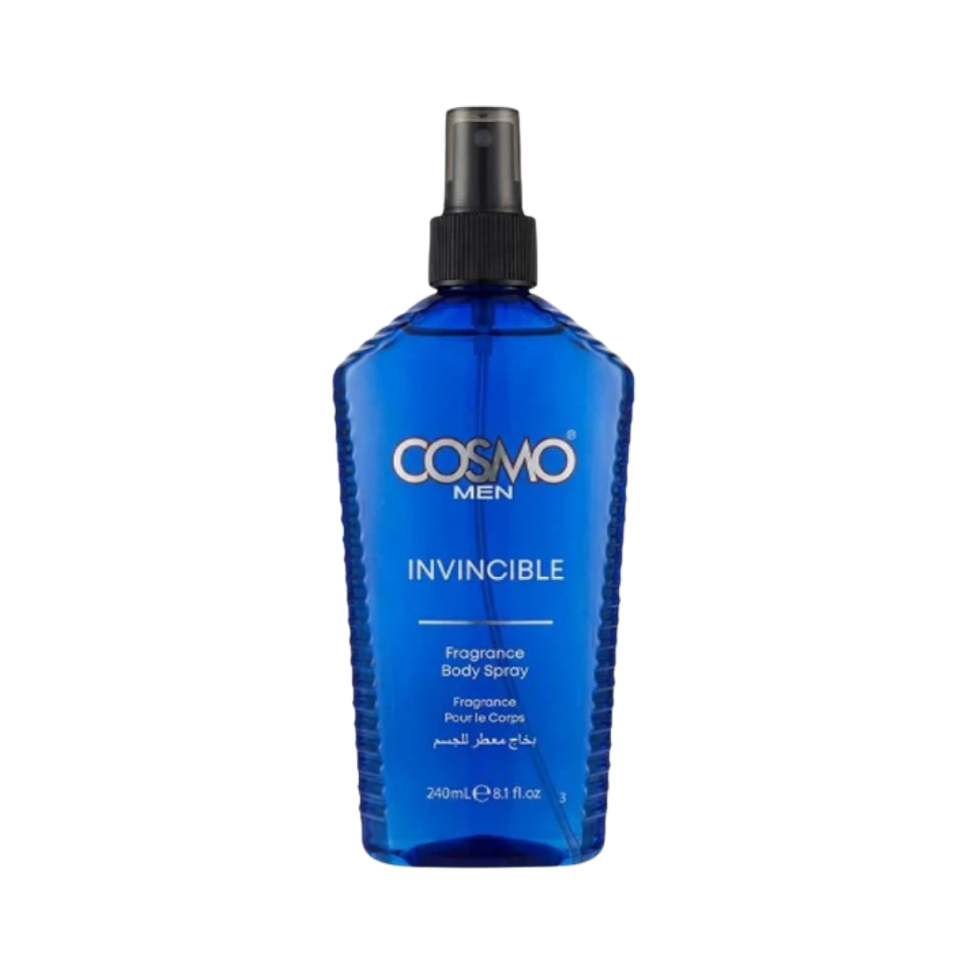 COSMO Men Invincible fragrance body spray 240ml blue bottle with black spray cap.