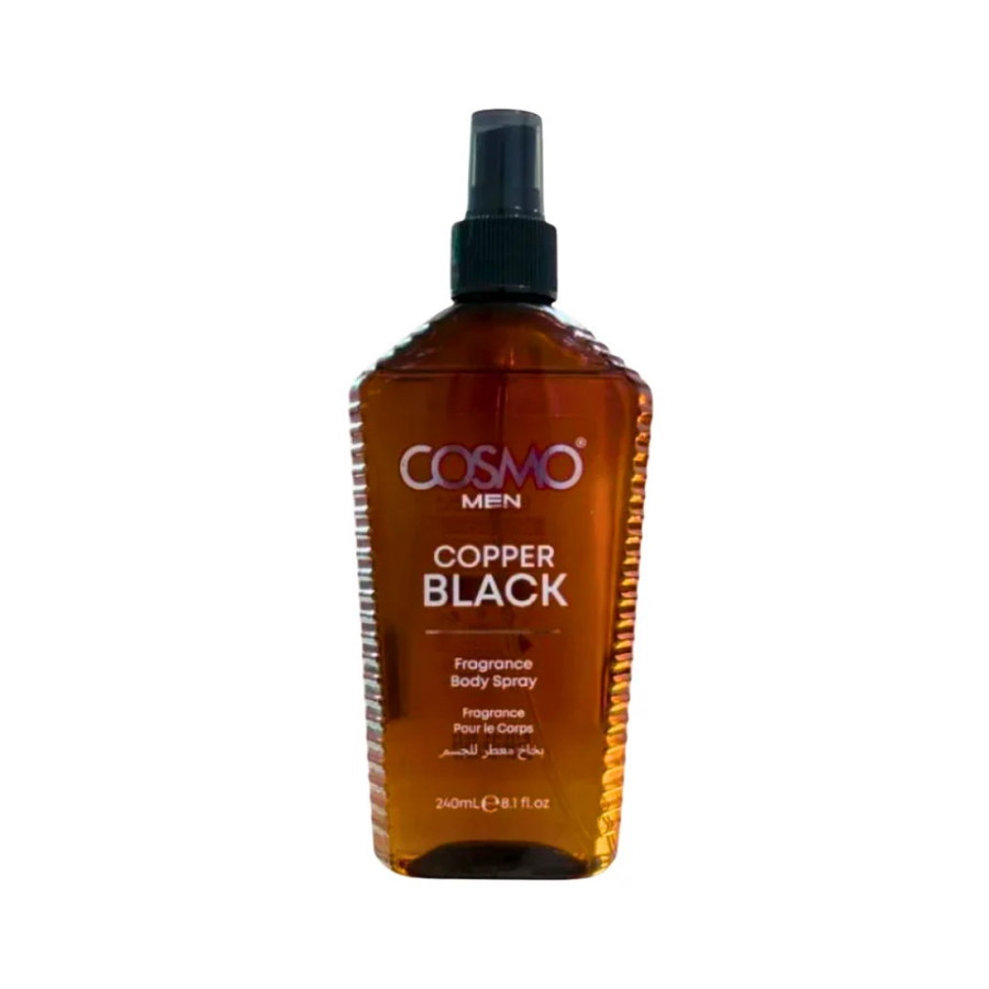 COSMO Men Copper Black fragrance body spray, 240ml, amber bottle with black spray pump and cap