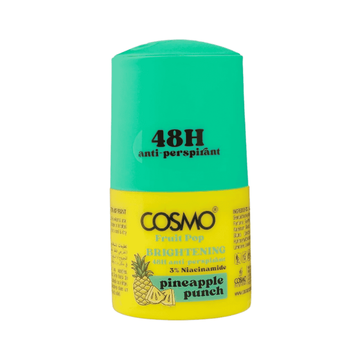Cosmo Fruit Pop Pineapple Punch 48-hour antiperspirant roll-on, yellow 50 ml bottle with green cap.