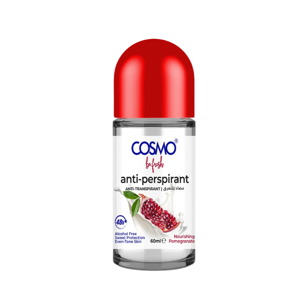COSMO BeFresh pomegranate roll-on antiperspirant, 60ml, clear bottle with red cap and pomegranate label