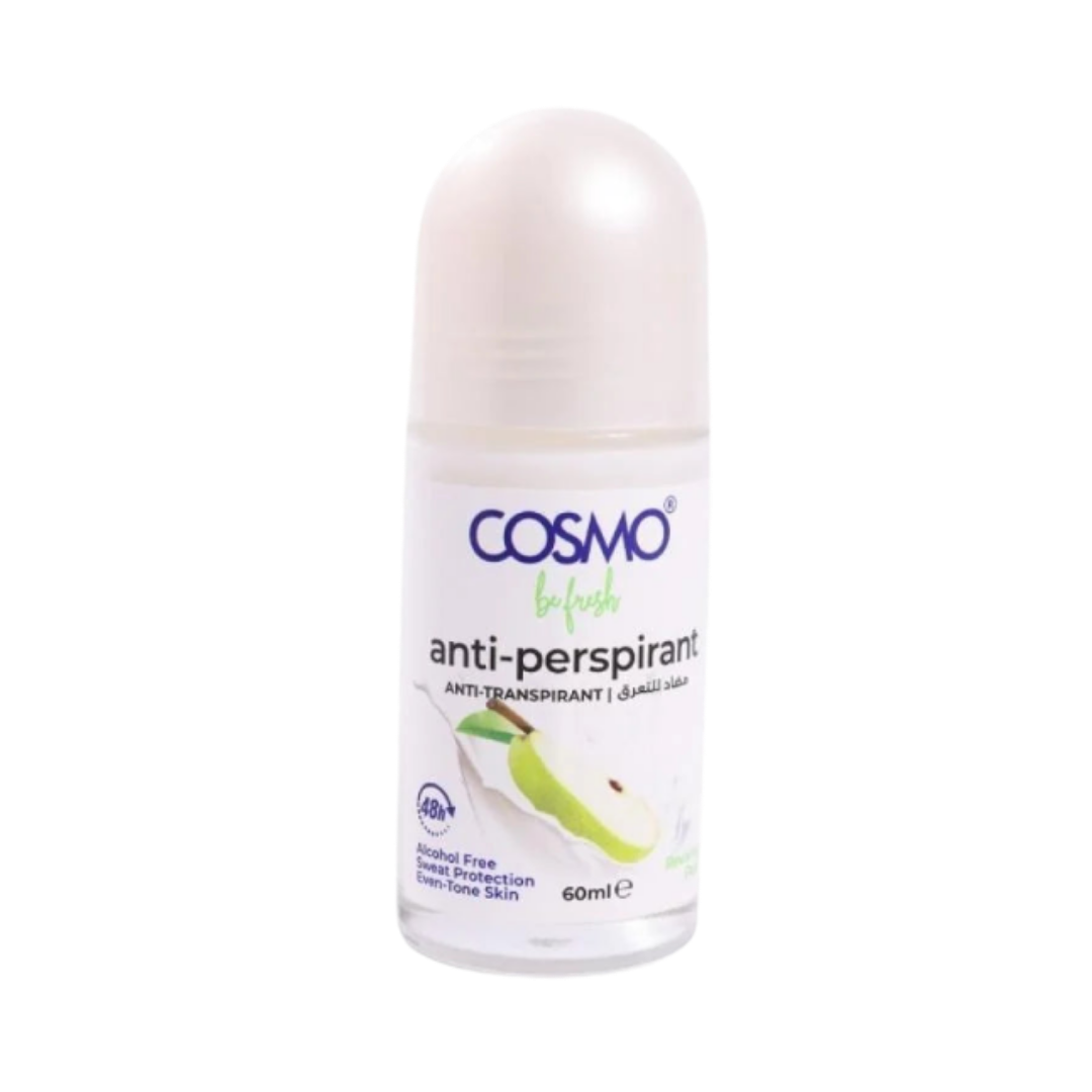 COSMO Be Fresh Reviving Pear anti-perspirant roll-on 60ml white bottle with pear graphic.