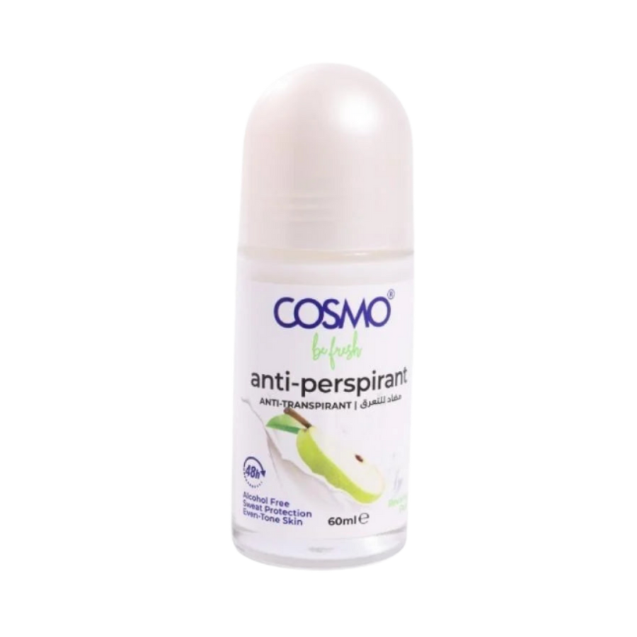 COSMO Be Fresh Reviving Pear anti-perspirant roll-on 60ml white bottle with pear graphic.