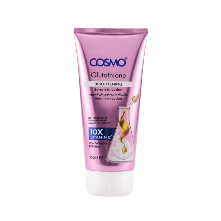 COSMO Glutathione Brightening Serum-in Lotion, 330ml, metallic pink squeeze tube with white flip-top cap