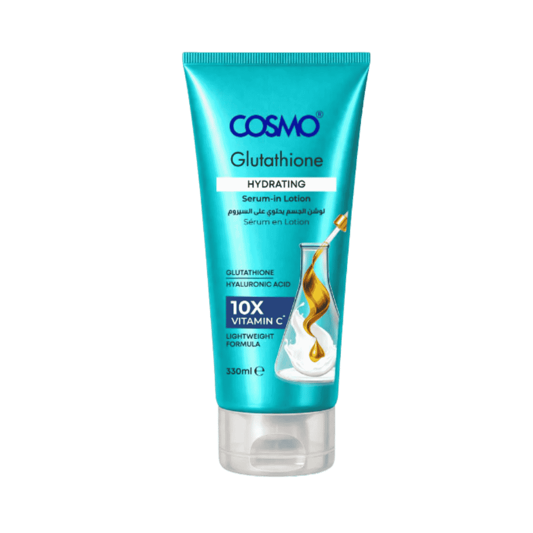 COSMO Glutathione Hydrating Serum-In Lotion 330ml turquoise tube with hyaluronic acid and vitamin C label.