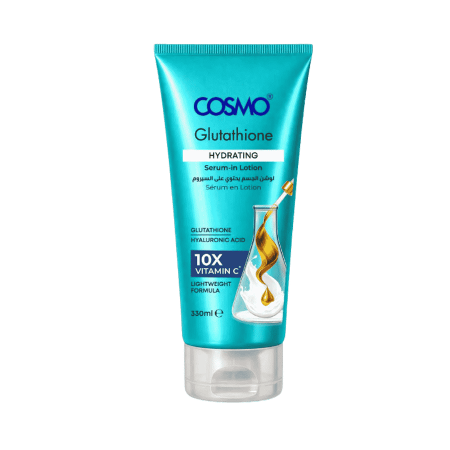 COSMO Glutathione Hydrating Serum-In Lotion 330ml turquoise tube with hyaluronic acid and vitamin C label.