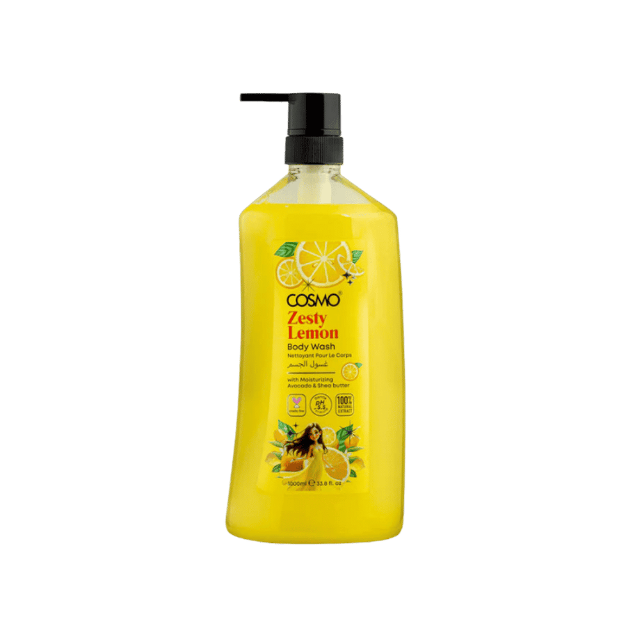 Cosmo Zesty Lemon Body Wash, 1000 ml, yellow pump bottle with black dispenser and citrus graphics.
