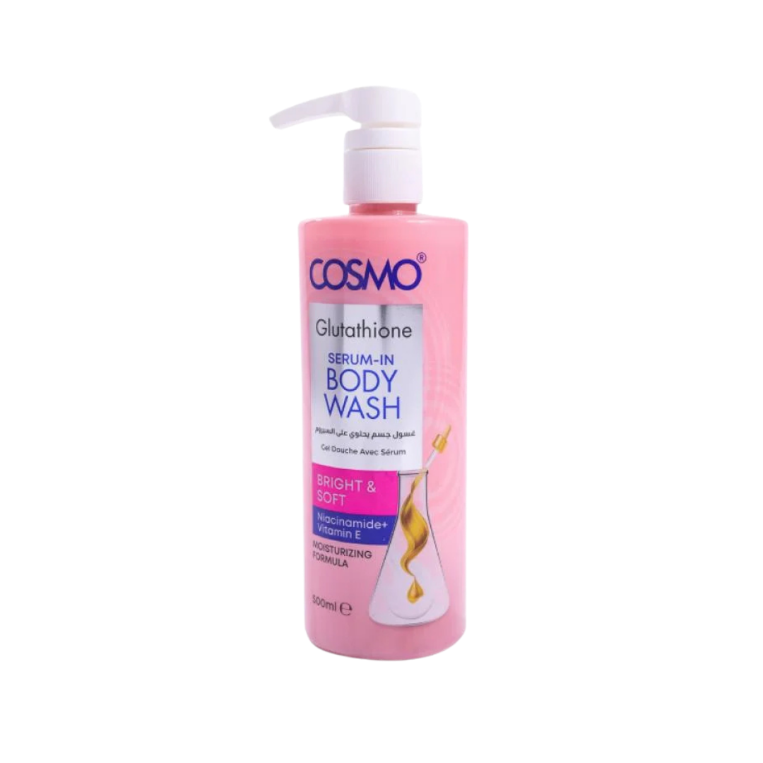 COSMO Glutathione Serum-In Body Wash, 500ml, pink cylindrical pump bottle with white dispenser and illustrated label