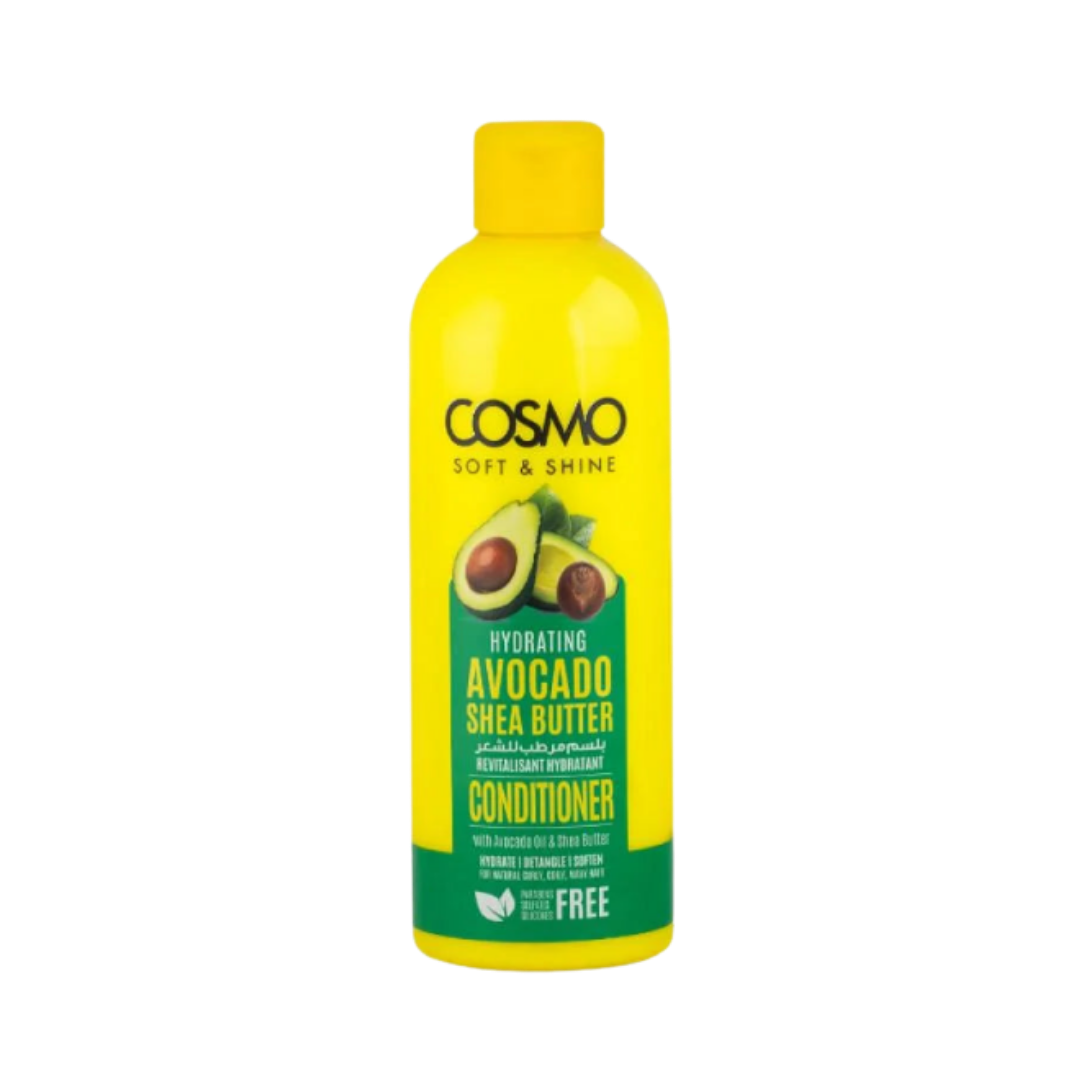 COSMO Soft & Shine Avocado Shea Butter Conditioner 480ml yellow bottle with avocado label.