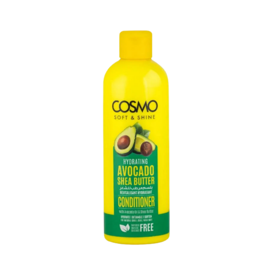 COSMO Soft & Shine Avocado Shea Butter Conditioner 480ml yellow bottle with avocado label.