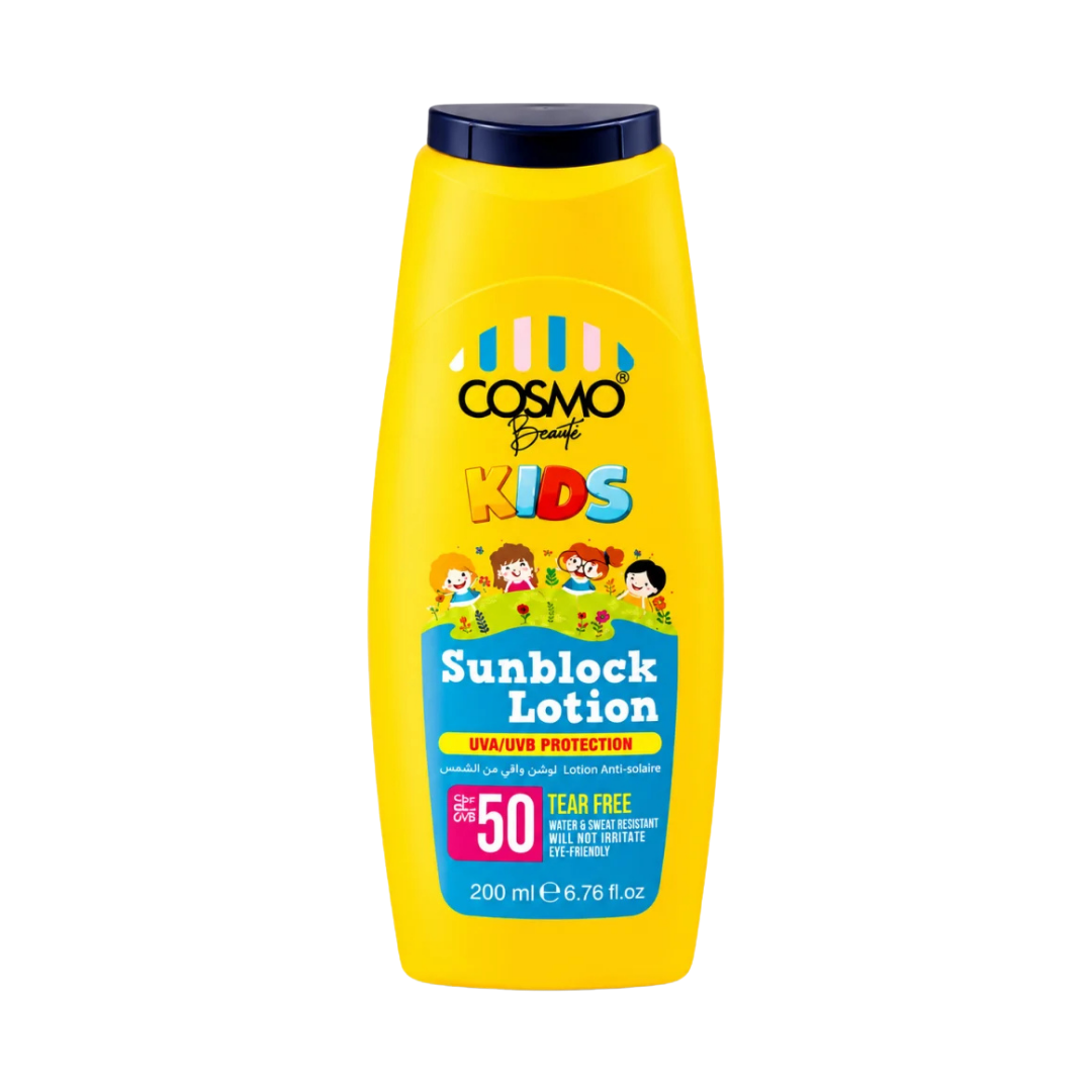 COSMO Beaute Kids SPF 50 sunblock lotion, 200ml, yellow bottle with navy cap and cartoon children