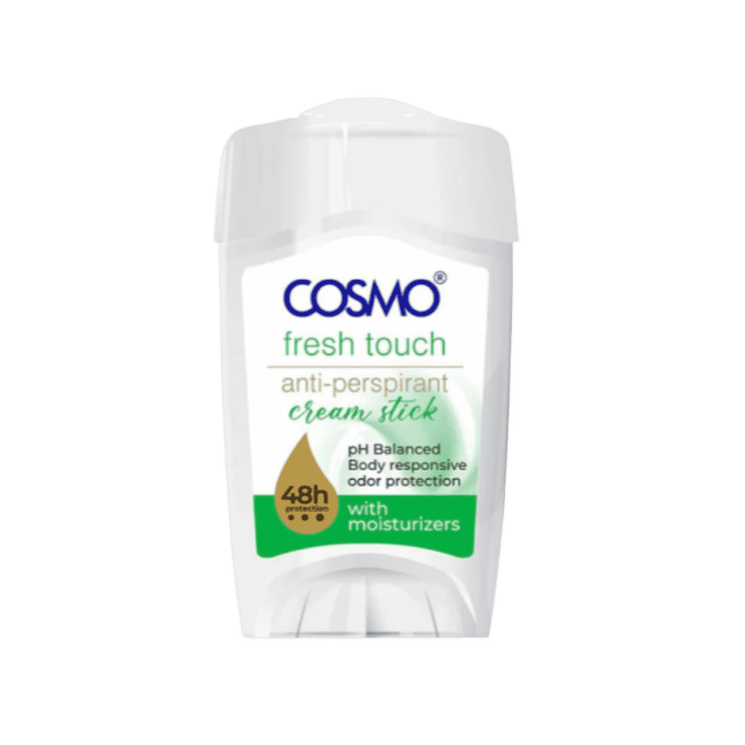 Cosmo Fresh Touch antiperspirant cream stick, 48-hour protection, white container with green, blue, and gold label.