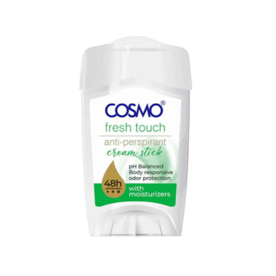 Cosmo Fresh Touch antiperspirant cream stick, 48-hour protection, white container with green, blue, and gold label.