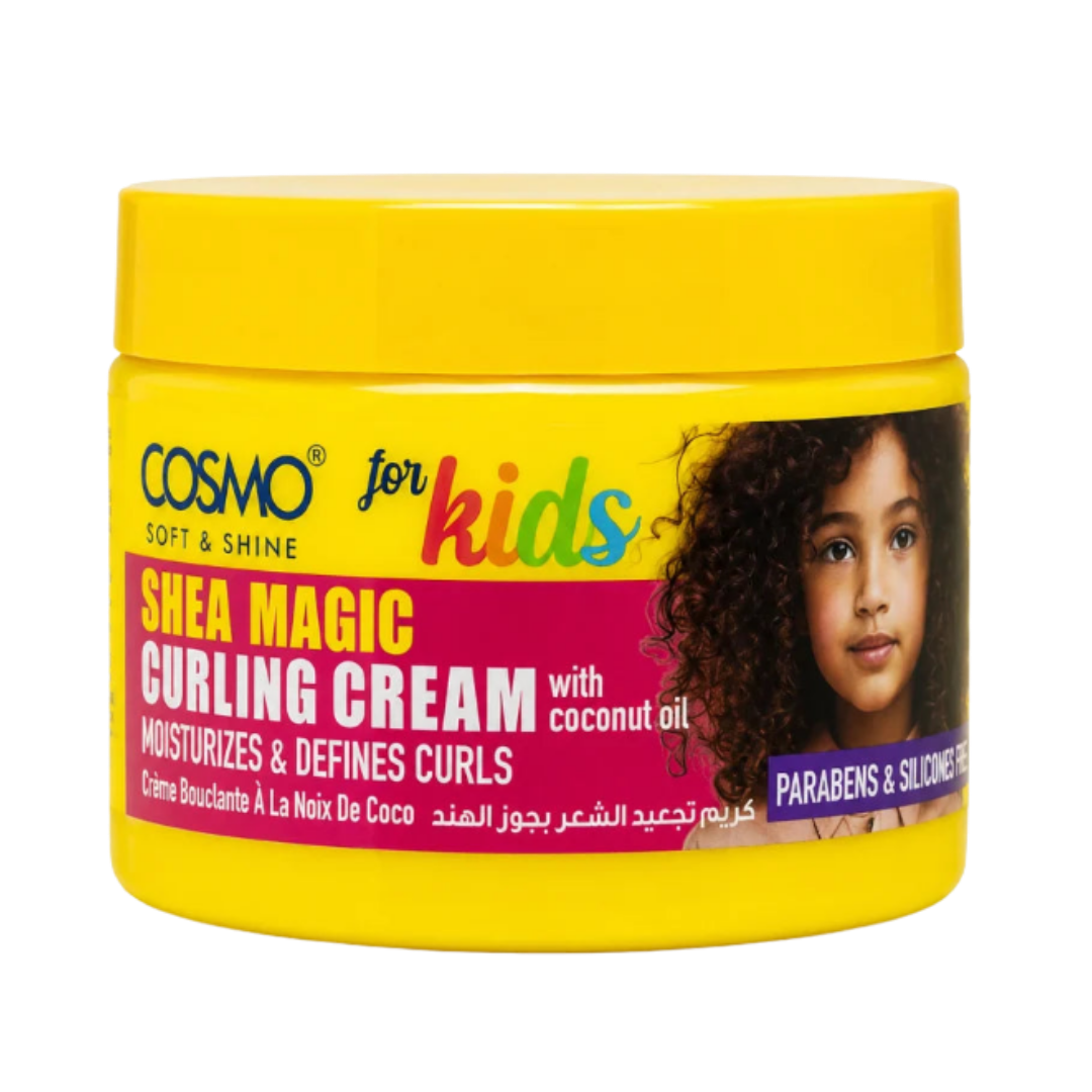 COSMO for kids Shea Magic Curling Cream 325g yellow jar with coconut oil label.
