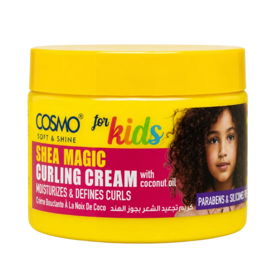 COSMO for kids Shea Magic Curling Cream 325g yellow jar with coconut oil label.