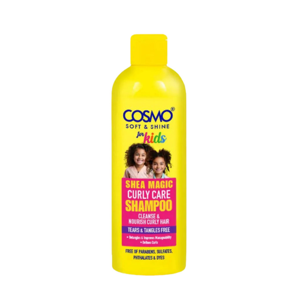 COSMO Kids Shea Magic Curly Care Shampoo 480ml yellow bottle for curly hair.