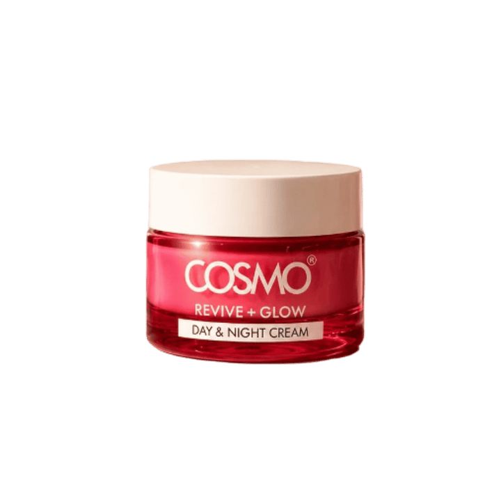 Cosmo Revive + Glow Day & Night Cream, red glass jar with cream-colored lid and white lettering.