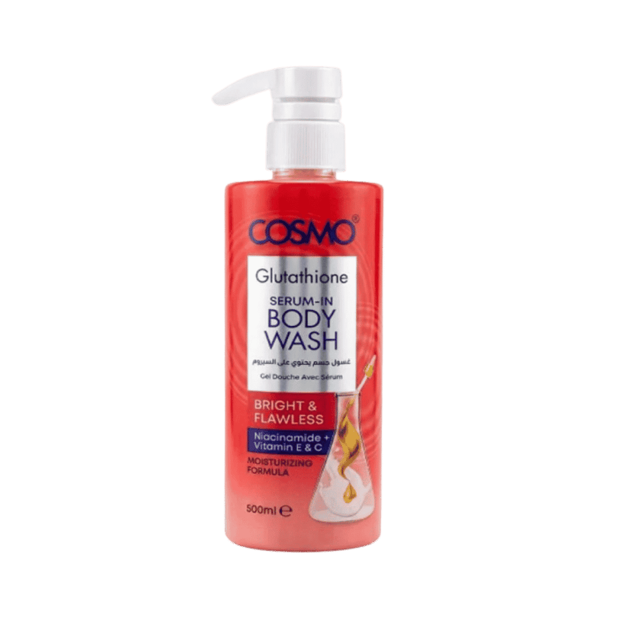 COSMO Glutathione Serum-In Body Wash Bright and Flawless 500ml red pump bottle with vitamins label.