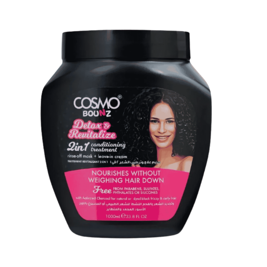 Cosmo Bounz Detox and Revitalize 2-in-1 hair treatment, black 1000 ml jar with pink label.