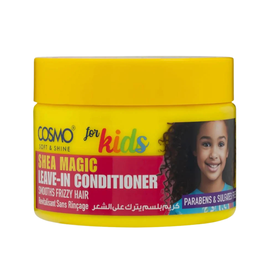 COSMO Kids Shea Magic leave-in conditioner, 325g, yellow round jar with child image and red label
