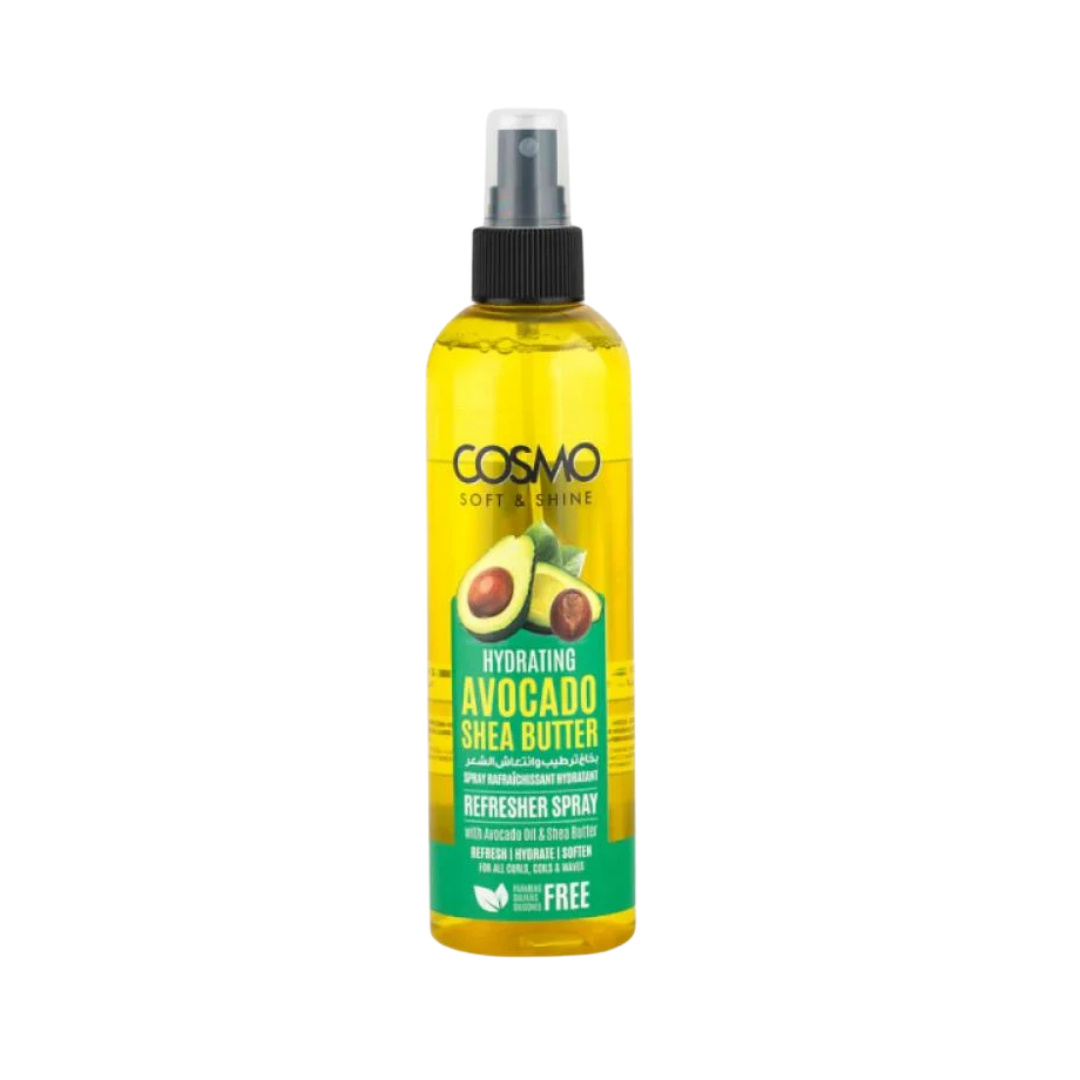 COSMO Avocado and Shea Butter Refresher Spray, 250ml, yellow bottle with black spray pump and green label