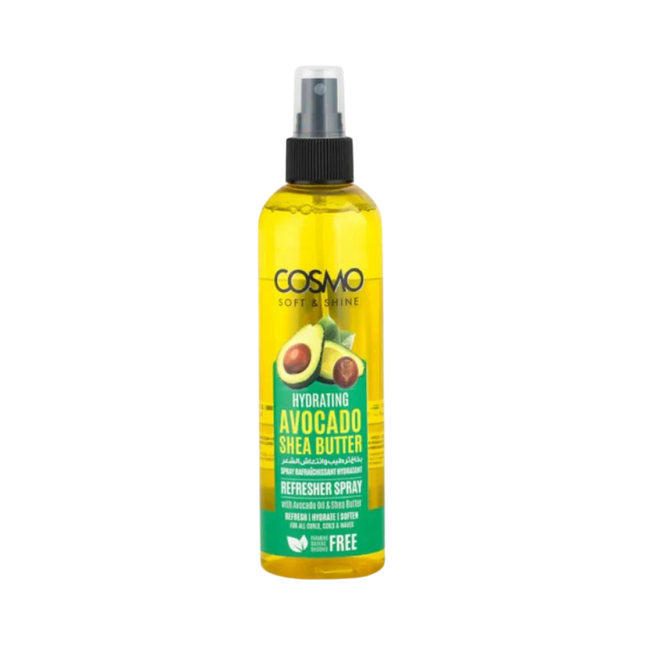 COSMO Avocado and Shea Butter Refresher Spray, 250ml, yellow bottle with black spray pump and green label