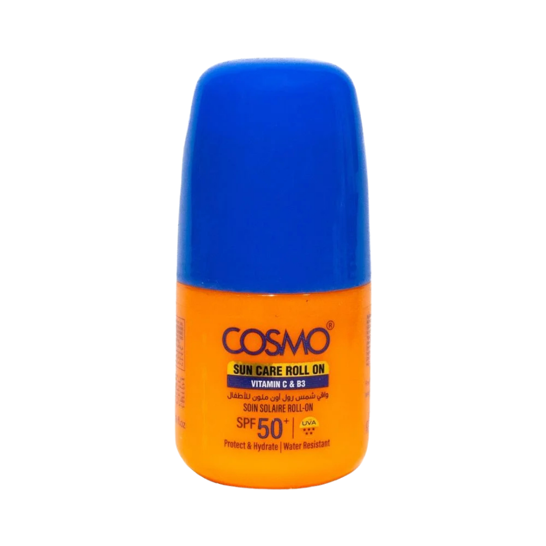 COSMO Vitamin C and B3 SPF 50+ roll-on sunscreen, 50ml, orange bottle with blue cap