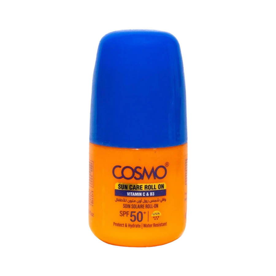 COSMO Vitamin C and B3 SPF 50+ roll-on sunscreen, 50ml, orange bottle with blue cap