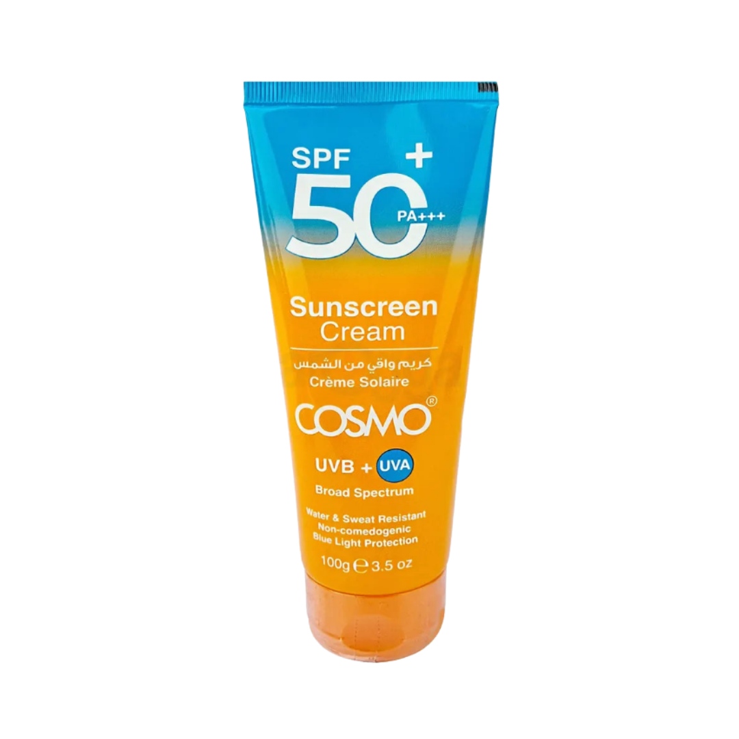 COSMO COSMATEC Sunscreen Cream SPF 50+ 100g sunscreen product packaging with daily protection label.