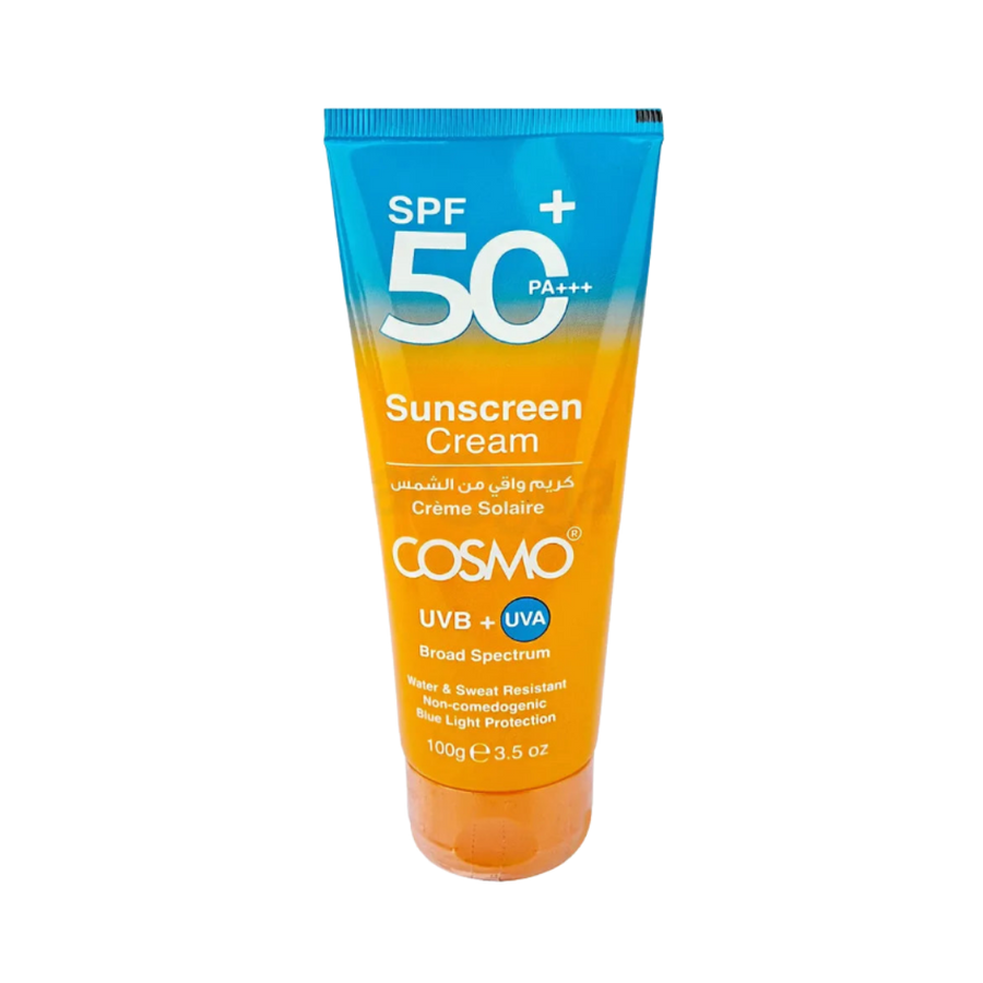 COSMO COSMATEC Sunscreen Cream SPF 50+ 100g sunscreen product packaging with daily protection label.