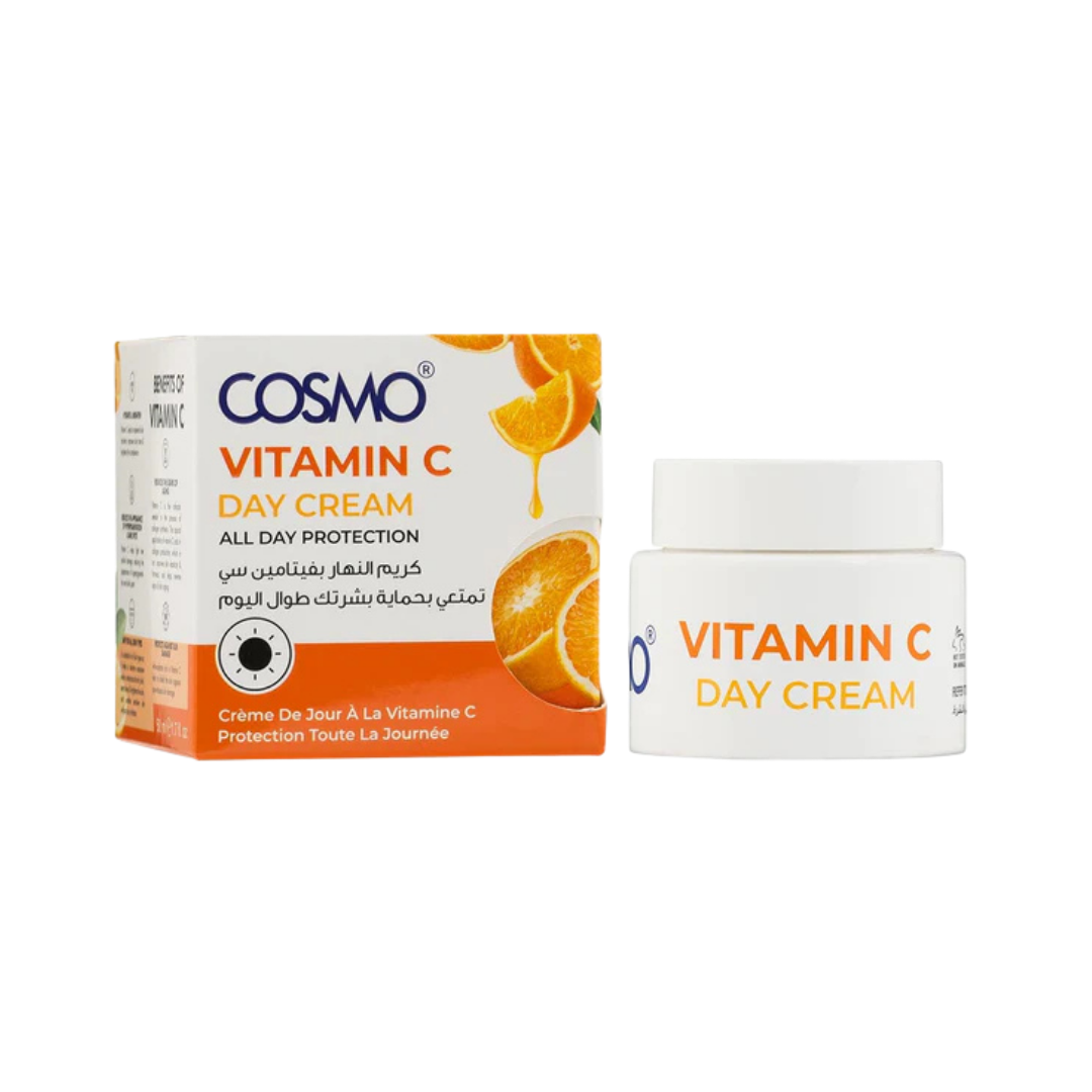 COSMO Vitamin C Day Cream, 50ml, white jar and orange-accented carton with orange illustrations