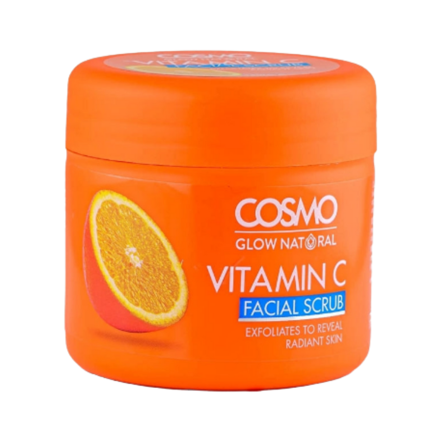 COSMO Glow Natural Vitamin C Facial Scrub 150ml orange jar with citrus graphic.