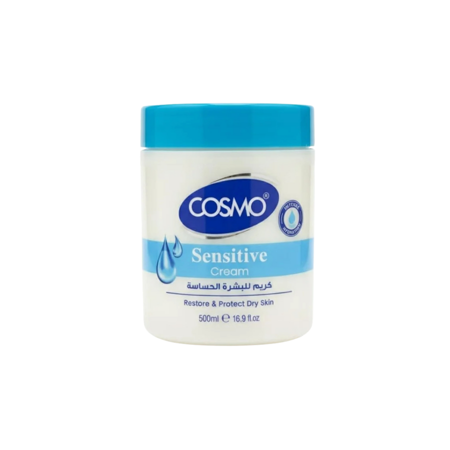 COSMO Sensitive Cream 500ml moisturizing cream in a white jar with blue cap and blue label.