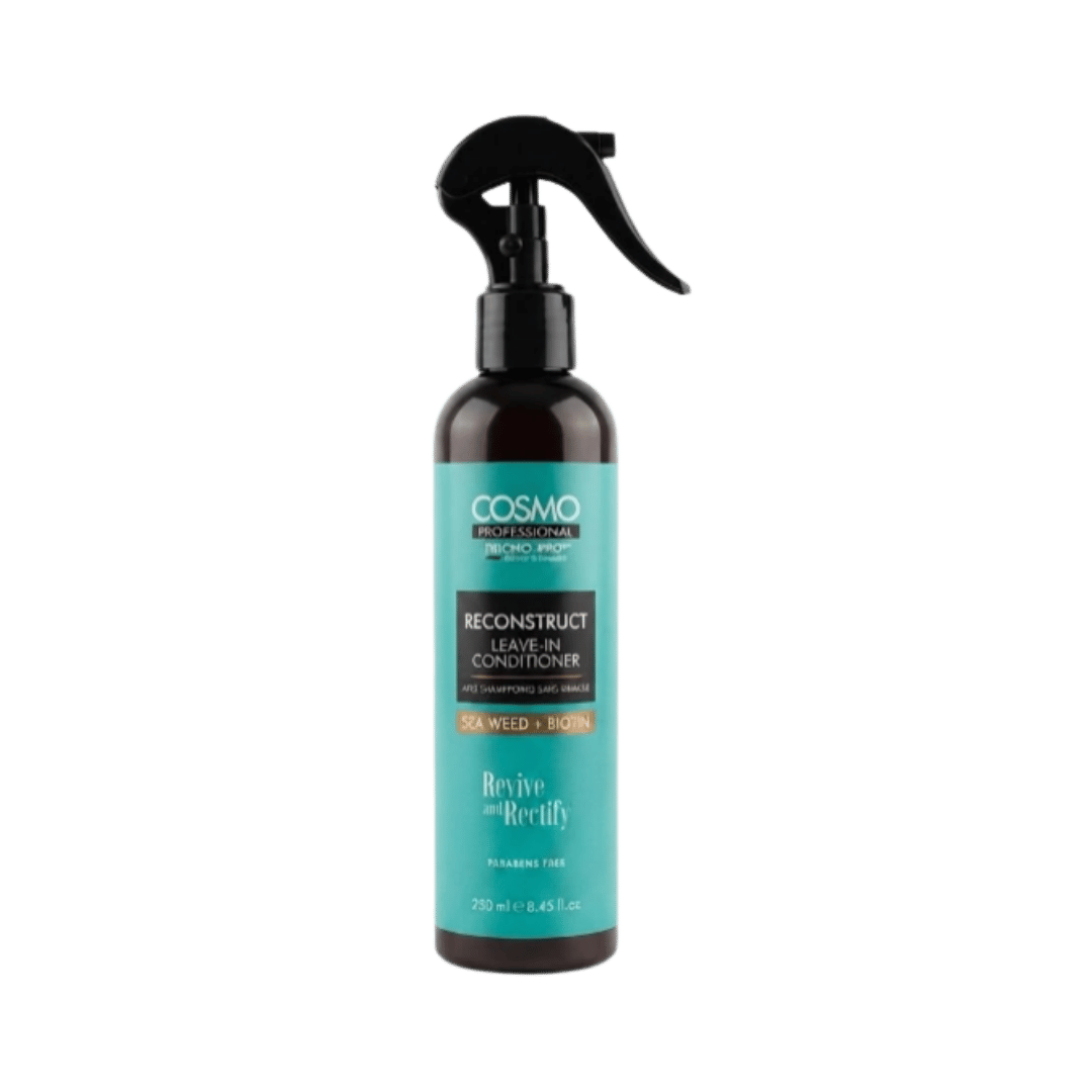 COSMO COSMETICS Professional Reconstruct Leave In Conditioner Spray hair conditioner bottle 250ml with turquoise label.