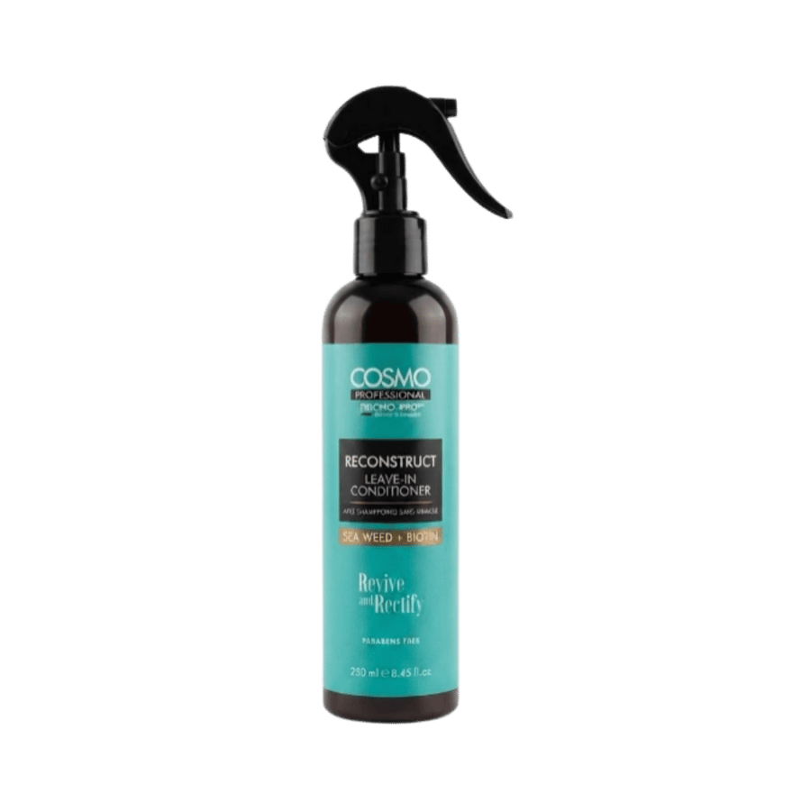 COSMO COSMETICS Professional Reconstruct Leave In Conditioner Spray hair conditioner bottle 250ml with turquoise label.
