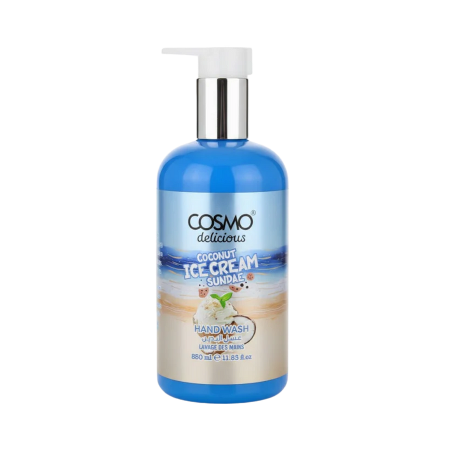 Cosmo Delicious Coconut Ice Cream Sundae hand wash pump bottle, blue, beach label, 380ml.

