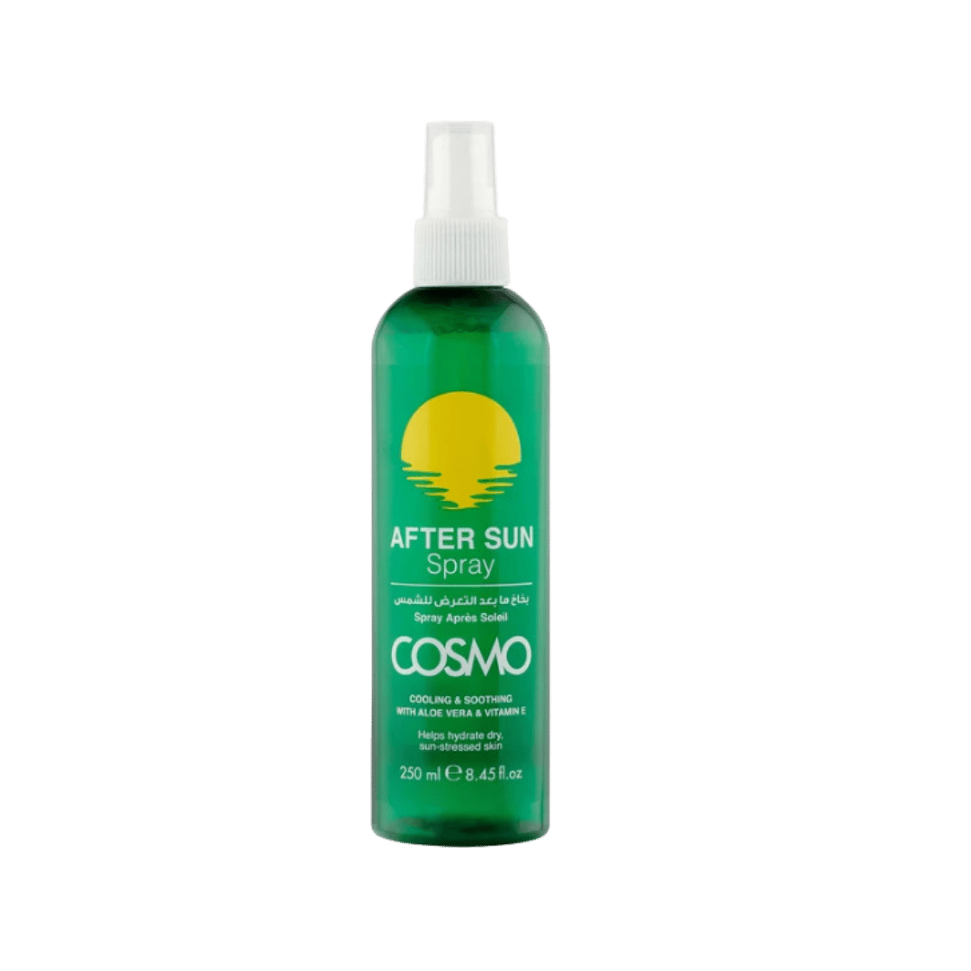 Cosmo After Sun Spray, 250 ml, in green bottle with white spray cap and yellow sun graphic.