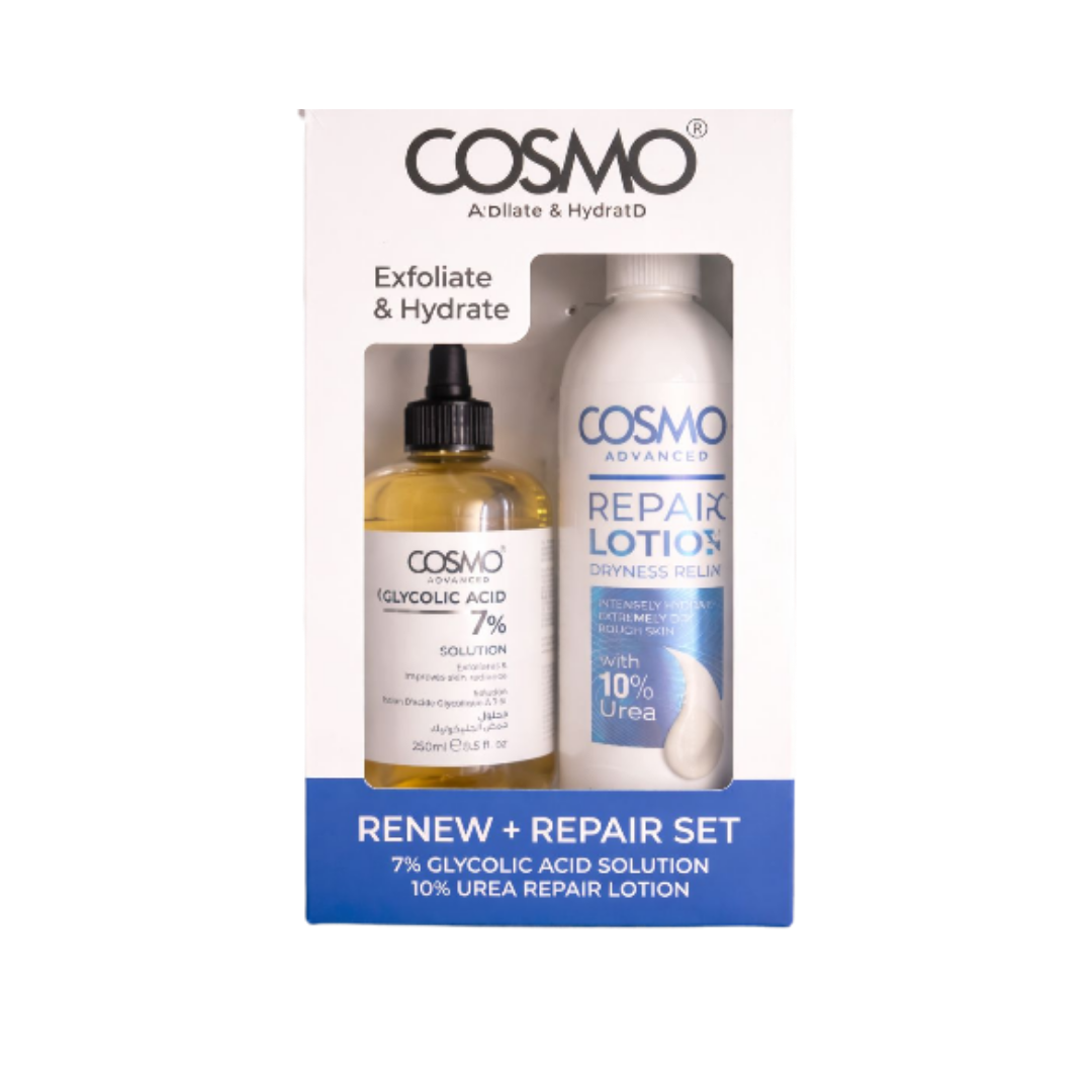 Cosmo Renew plus Repair Set with 7% glycolic acid solution and 10% urea repair lotion boxed