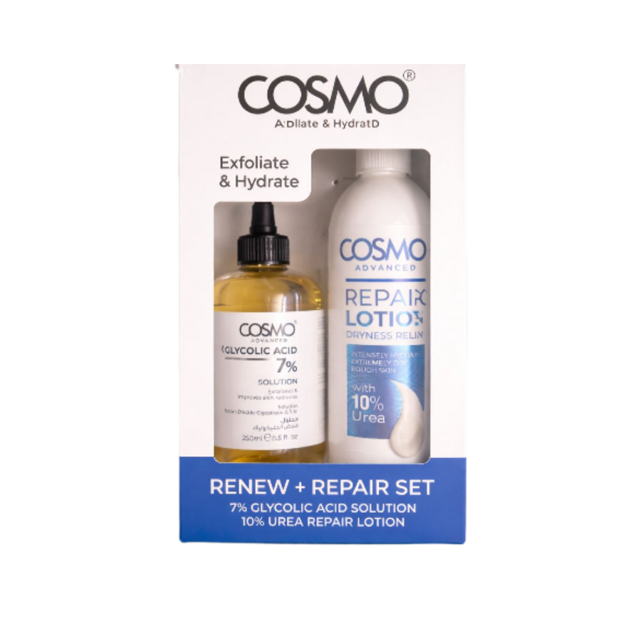 Cosmo Renew plus Repair Set with 7% glycolic acid solution and 10% urea repair lotion boxed