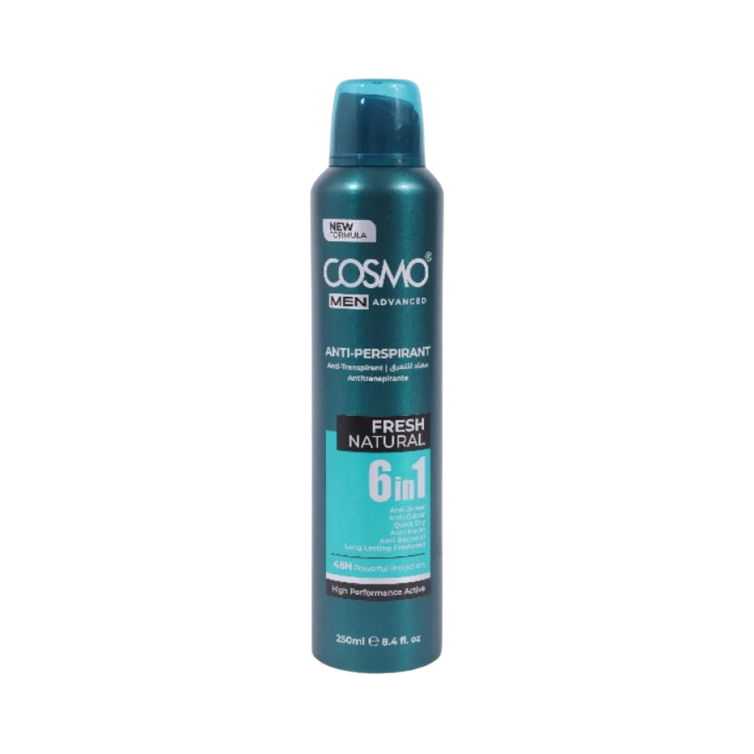 COSMO Men Advanced Fresh Natural anti-perspirant spray 6 in 1 250ml teal aerosol can